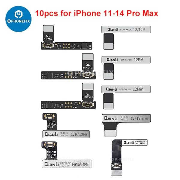 Set of 10 PHONEFIX QianLi iCopy iPhone LCD light sensor and battery FPC connectors for phone repair and programming.
