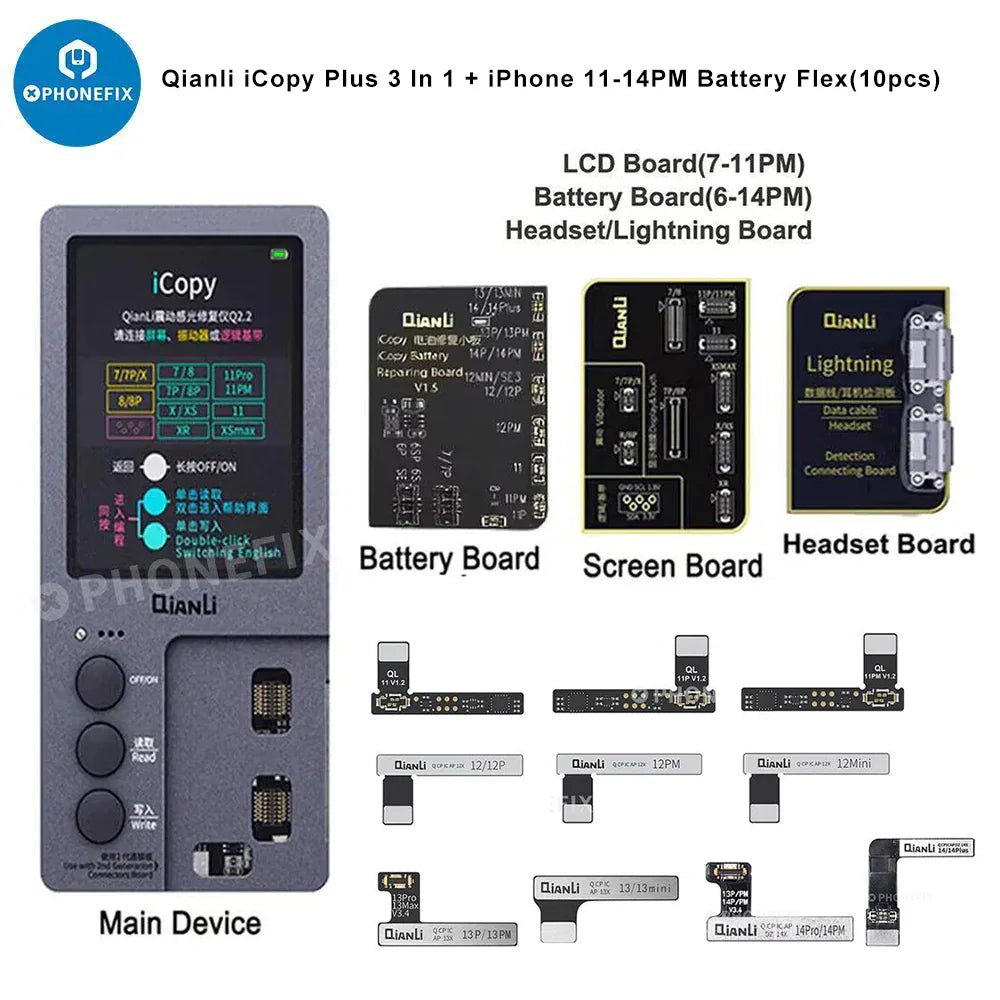 QianLi iCopy Programmer for iPhone LCD screen light sensor and battery, used for phone repair and programming, by PHONEFIX.
