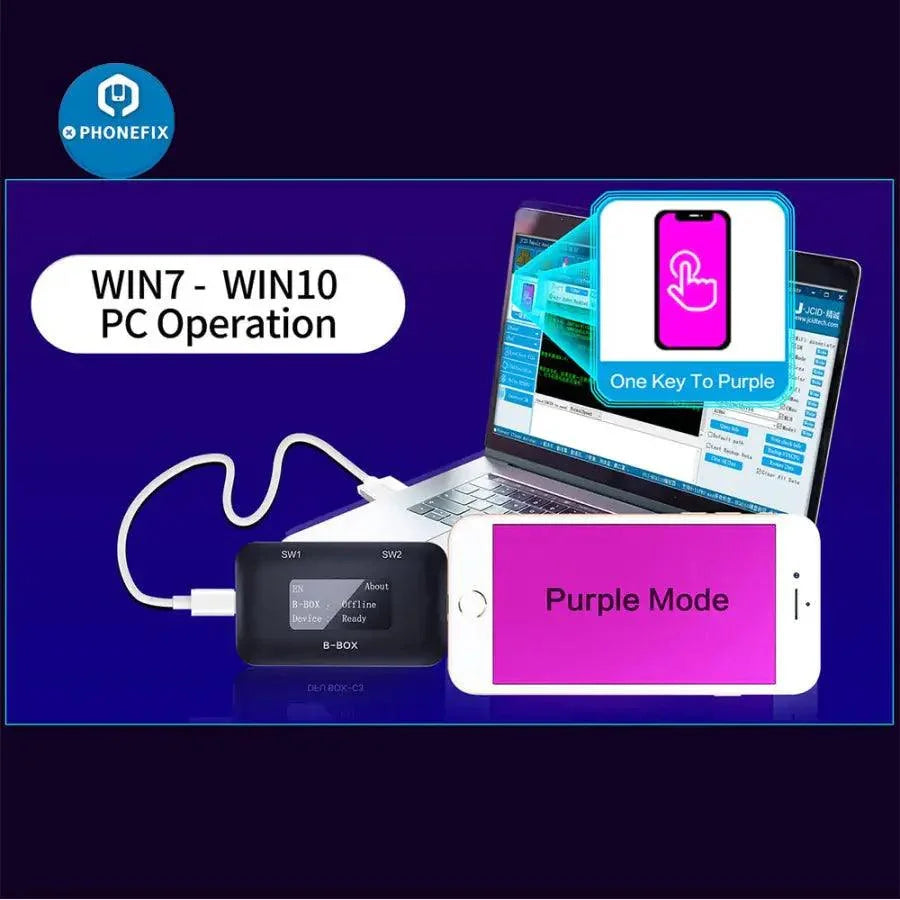 PhoneFix JC B-BOX C3 DFU black phone programmer for iOS A7-A11, with one-key purple mode for device flashing and recovery.
