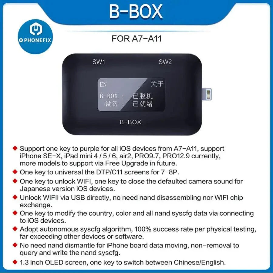 PHONEFIX JC B-BOX C3 DFU Black Phone Programmer with one-key purple mode for iOS A7-A11 device recovery.