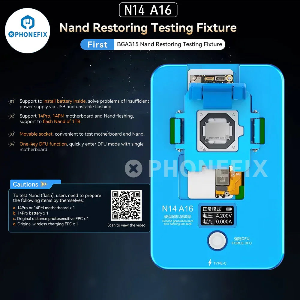 PHONEFIX JCID motherboard restoring test fixture for iPhone 13 and 14 Pro Max, used for phone programming and repair testing.