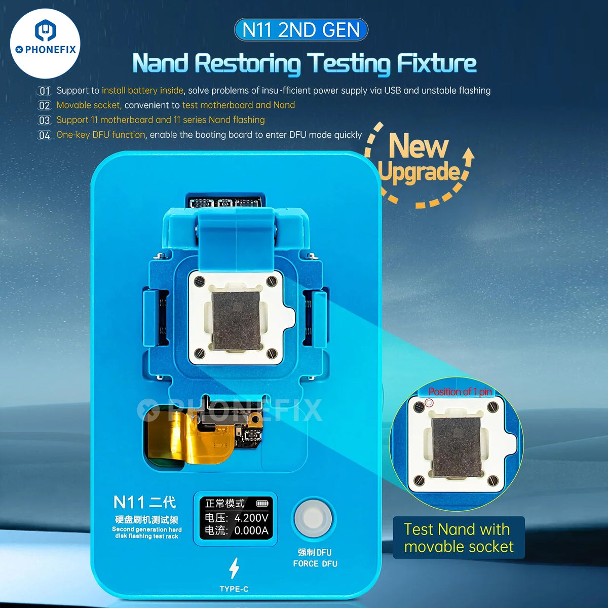 PhoneFix JCID motherboard restoring test fixture for iPhone 13 and 14 Pro Max, used as a phone programmer device.