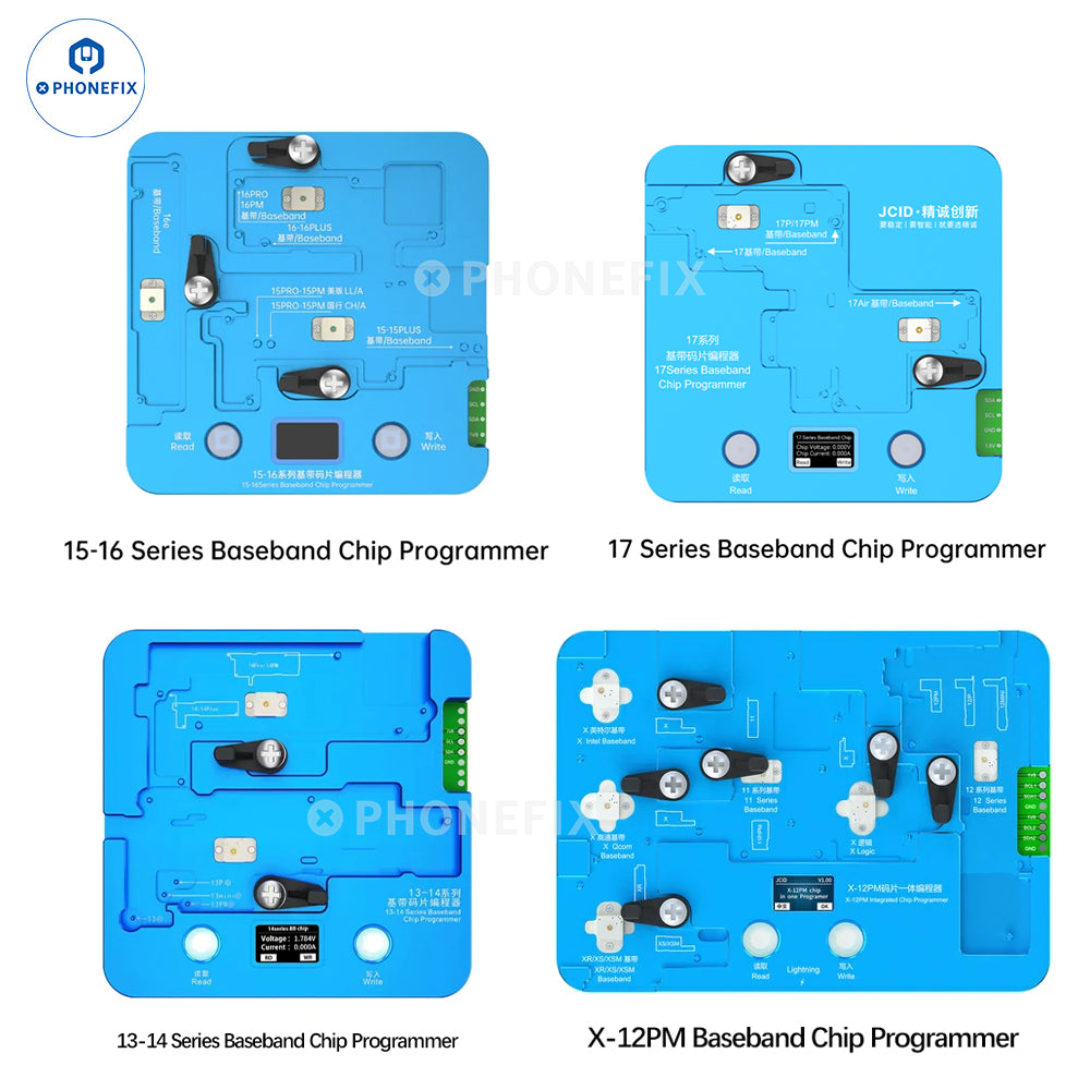 PhoneFix JC Baseband EEPROM chip programmer for iPhone X to 16 Pro Max, used for repairing and programming phone basebands.