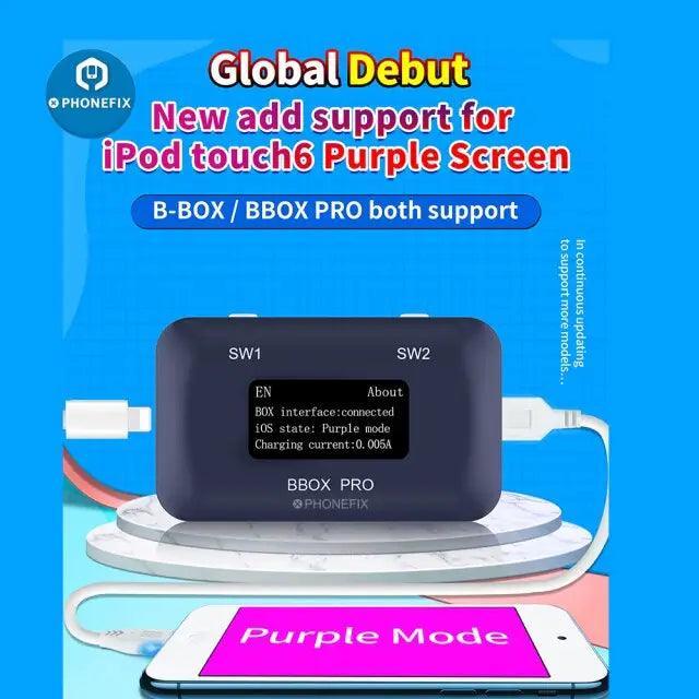 PHONEFIX JC B-BOX Pro iOS DFU tool in purple mode, compatible with iPhone and iPad repair, used for one-key device programming