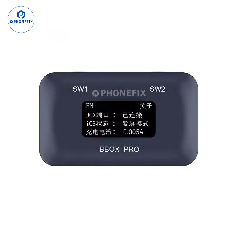 PHONEFIX JC B-BOX Pro iOS DFU tool for iPhone and iPad, purple mode phone programmer for repair and device recovery.