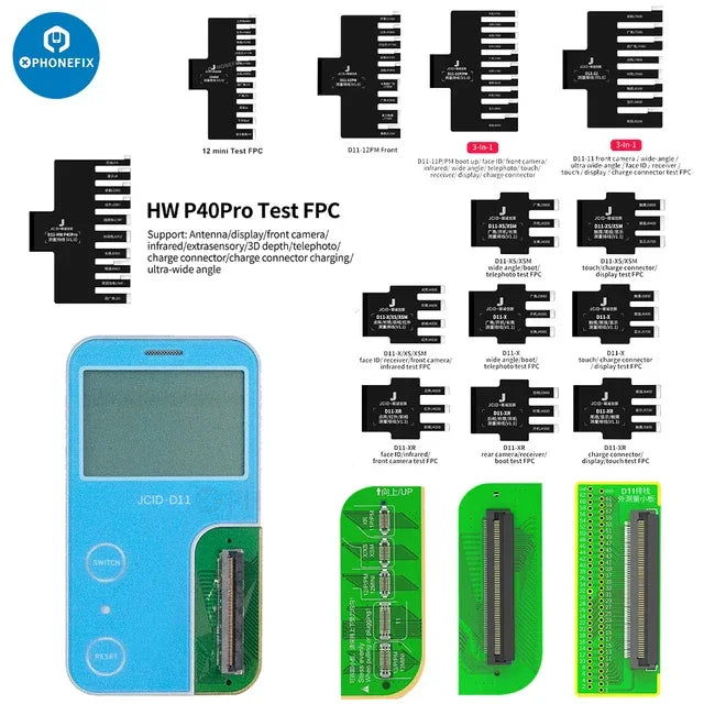 PhoneFix JCID-D11 multifunctional digital phone programmer with intelligent maintenance drawings, displayed on the device screen.