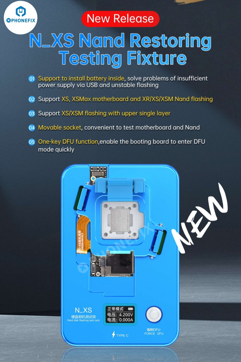 PhoneFIX JCID N-XS Nand Restoring Test Fixture for iPhone XR and XS Max, used as a phone programmer device.