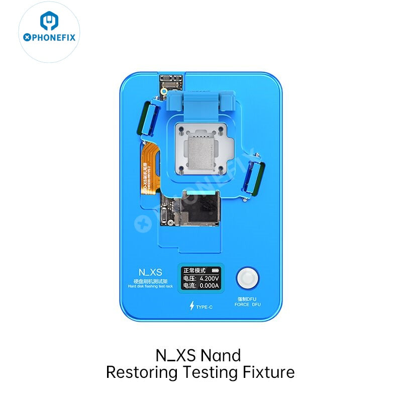 JCID N-XS Nand Restoring Test Fixture for iPhone XR and XS Max, phone programmer by PHONEFIX, shown on a white background.