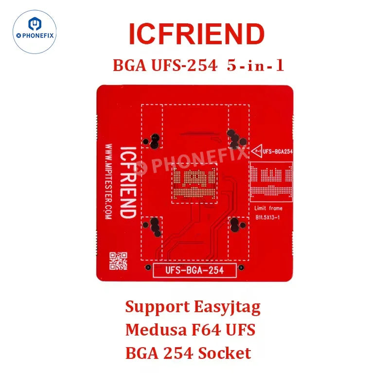 PHONEFIX MiPi Plus Box UFS eMMC IC programmer with BGA sockets for phone repair and data flashing.