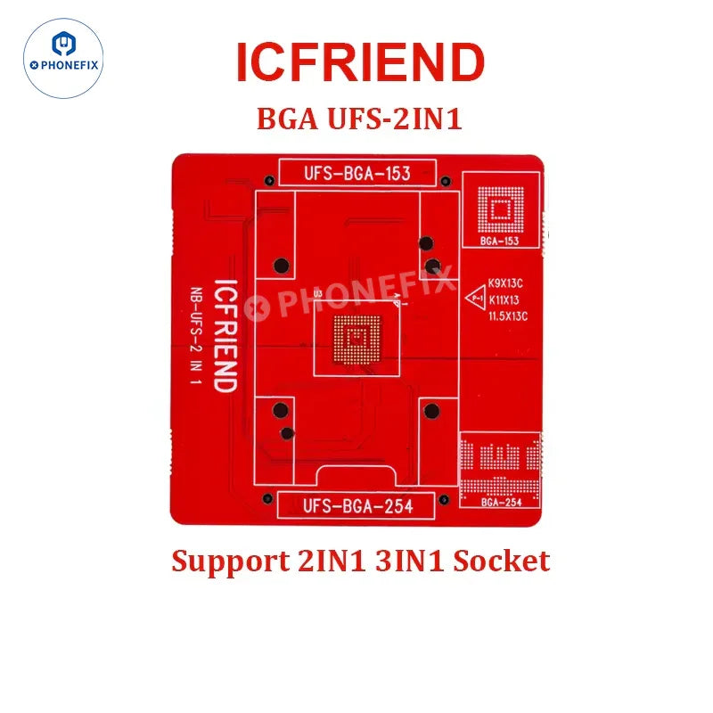 Phonefix MiPi Plus Box UFS eMMC IC programmer with BGA153, 254, and 297 sockets for phone repair and data programming.