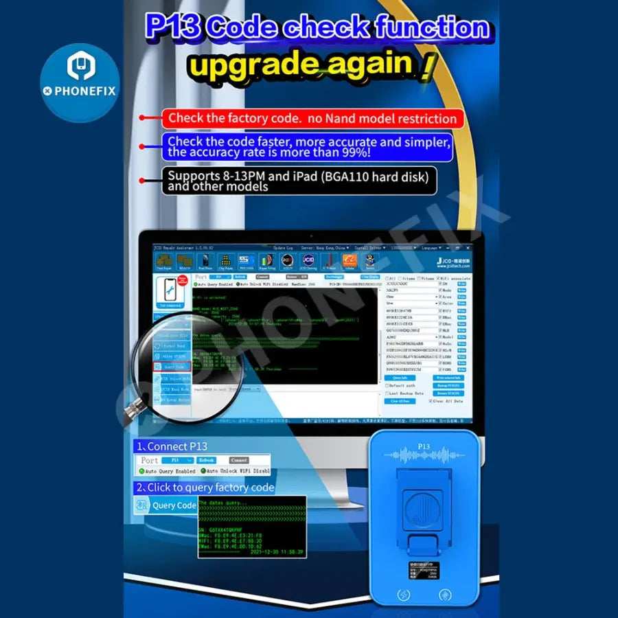 JC P13 Ultimate Box for PCIe NAND DFU phone programmer by PHONEFIX showing purple screen with device interface and connection ports.