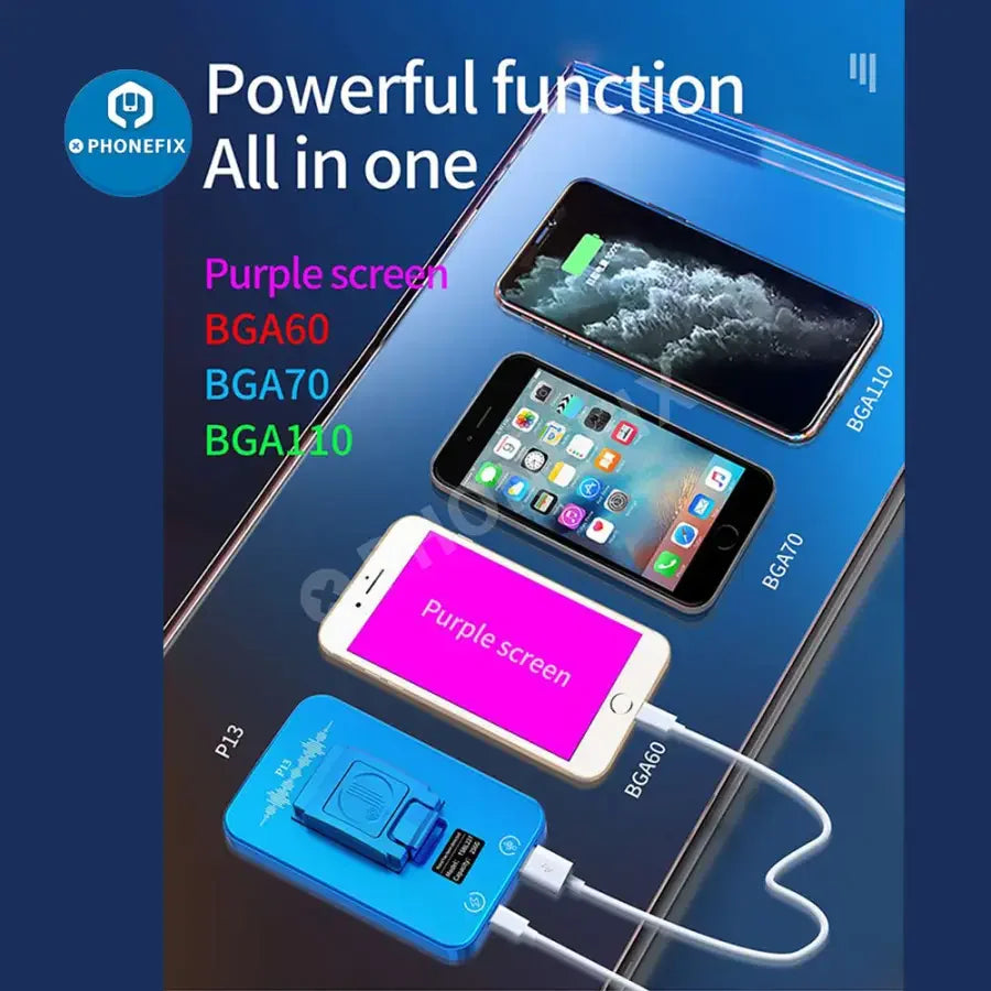 PhoneFix JC P13 Ultimate Box for PCIe NAND DFU, purple screen tool used for phone programming and repair.