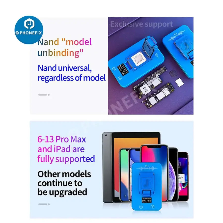 JC P13 Ultimate Box for PCIE Nand DFU, Phone Programmer by PHONEFIX, with purple screen tool for phone repair and flashing.