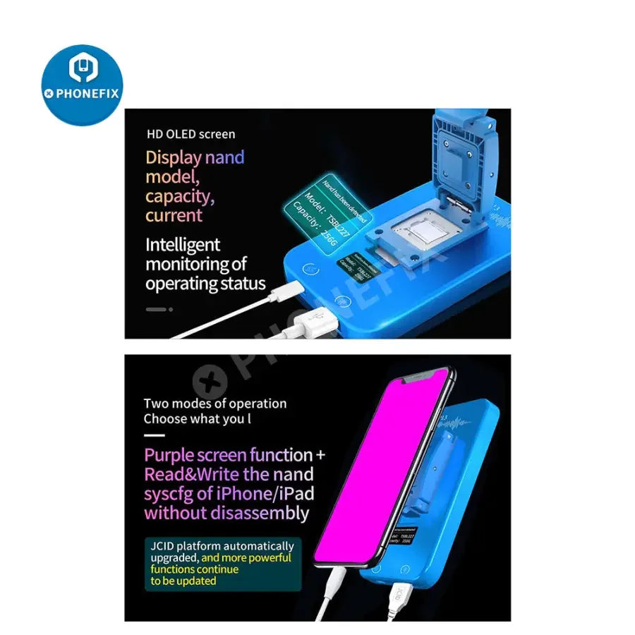 JC P13 Ultimate Box for PCIe NAND DFU phone programmer by PHONEFIX, featuring purple screen tool for phone repair and data recovery.