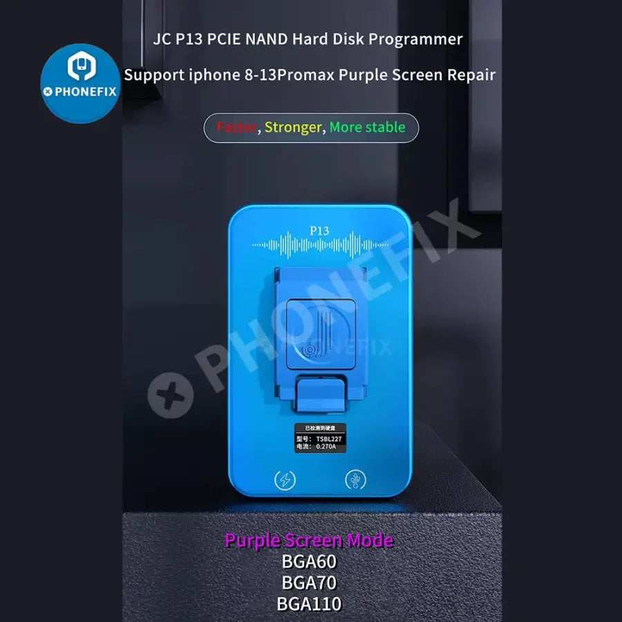 PhoneFix JC P13 Ultimate Box for PCIe NAND DFU, purple screen phone programmer tool used for device repair and flashing.