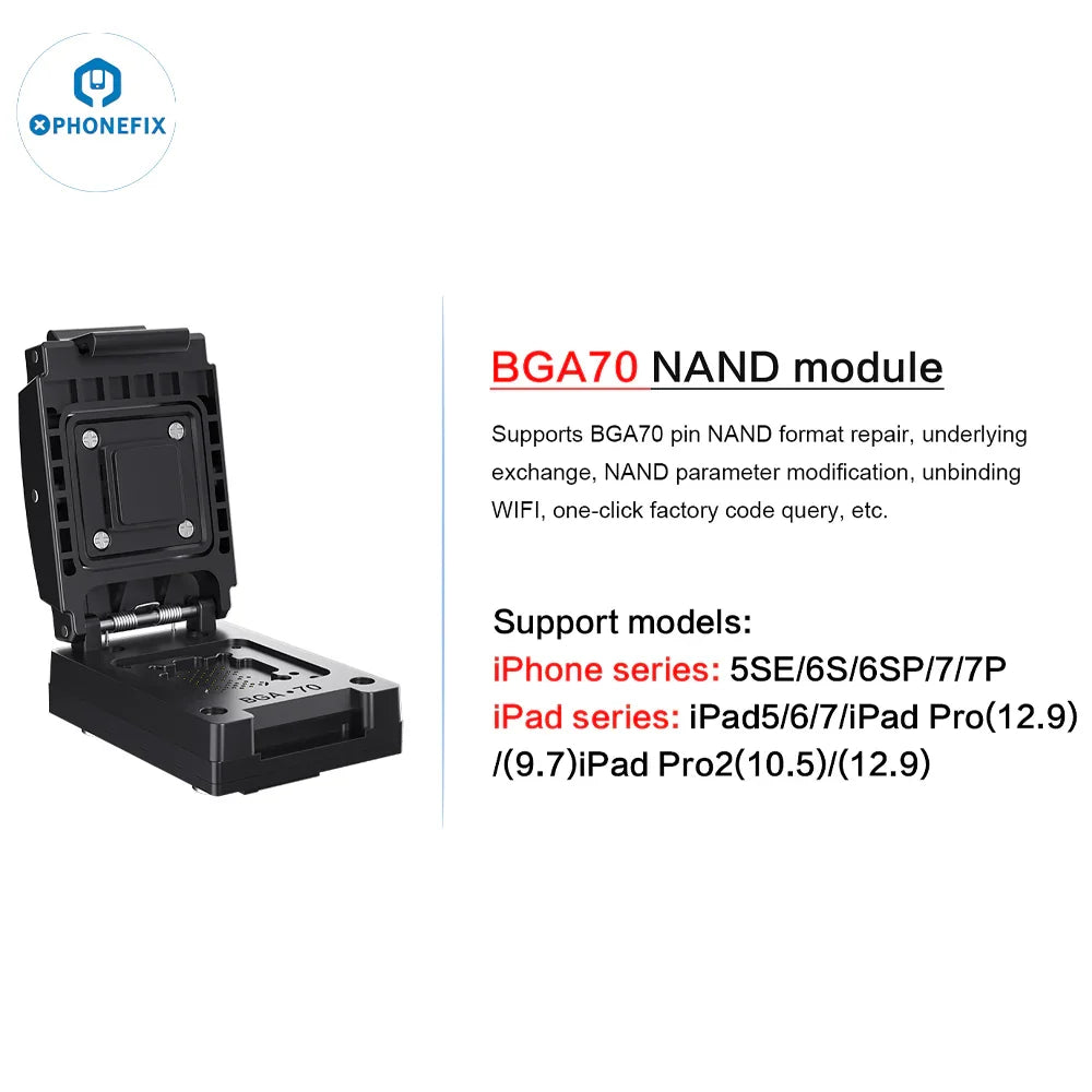 PhoneFix I2C P14 Pro BGA110 BGA70 NAND programmer for iPhone 6S to 15 Pro Max, showing device and connector details.