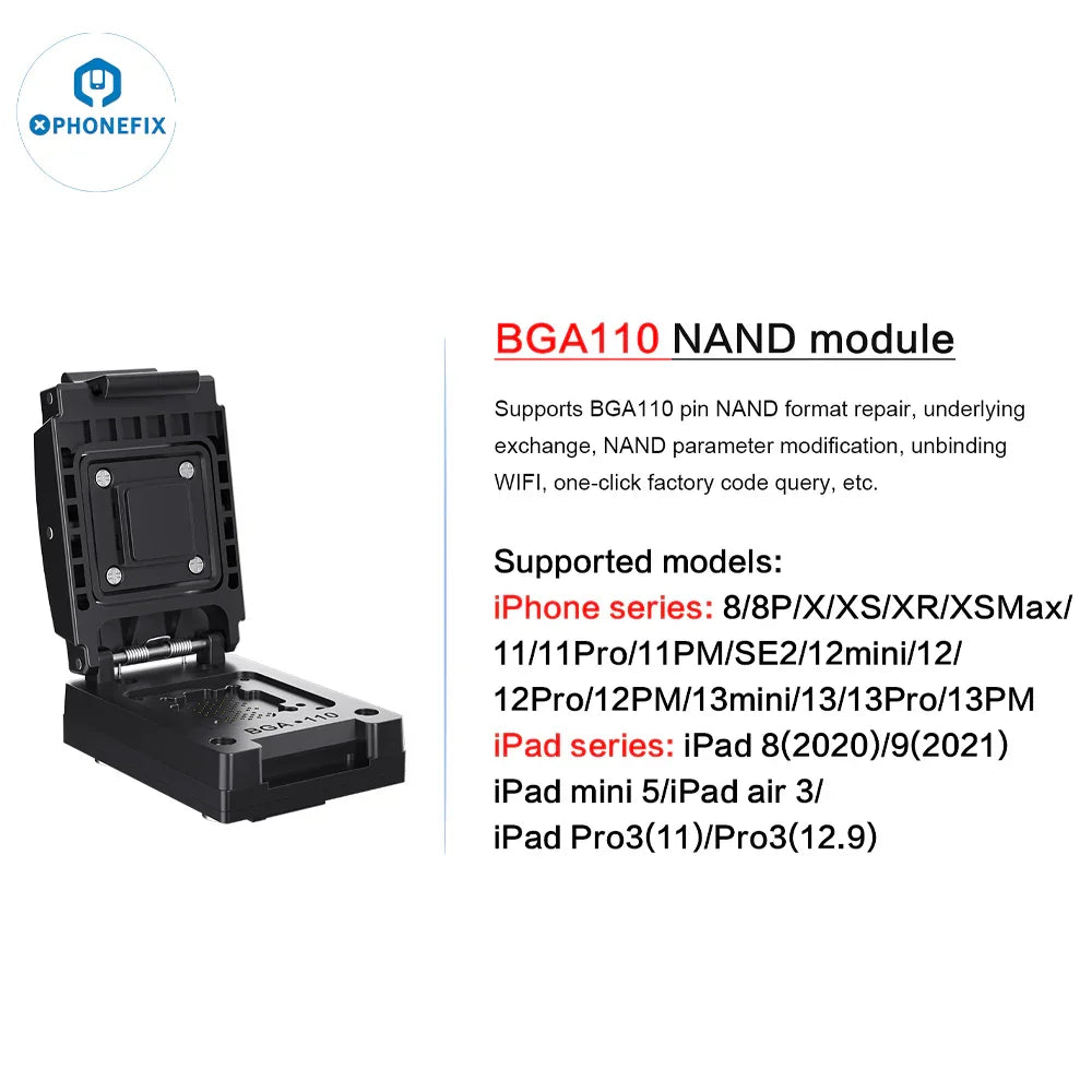PHONEFIX I2C P14 Pro BGA110 BGA70 NAND phone programmer for iPhone 6S to 15 Pro Max, showing the device with circuit interfaces.