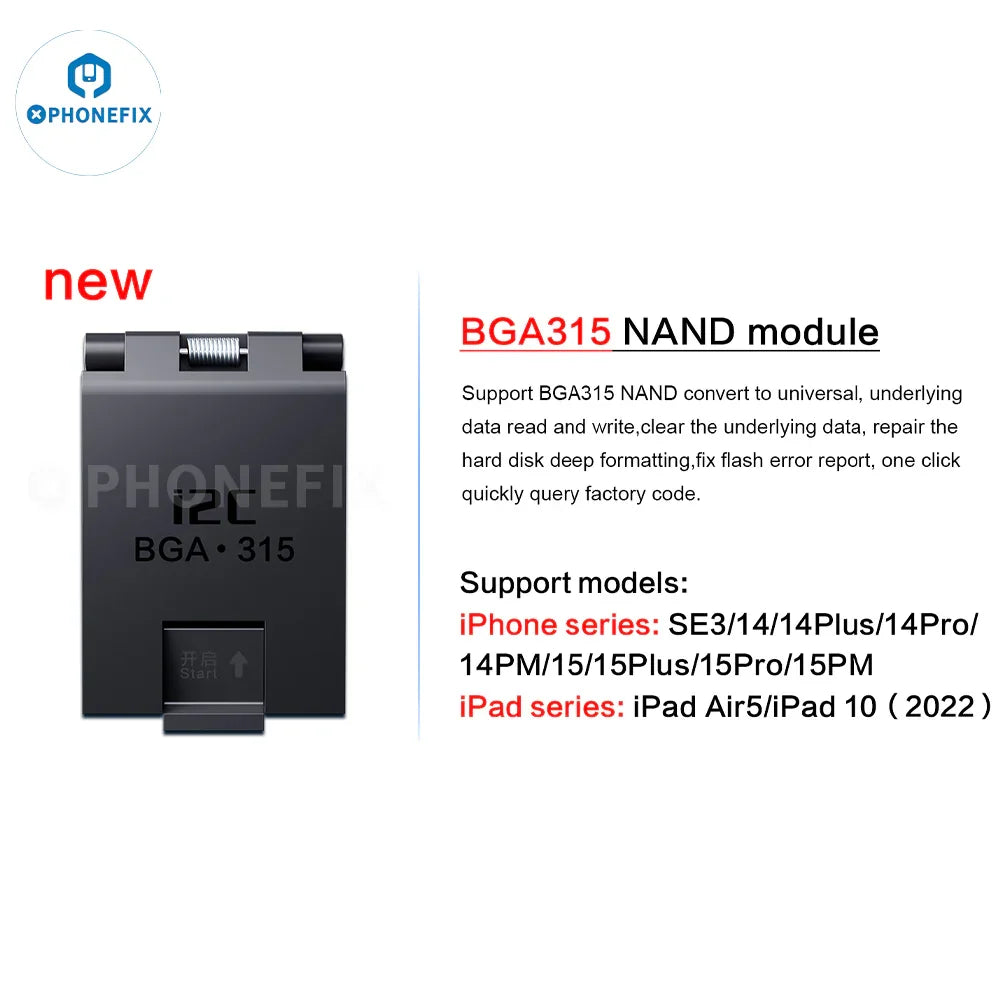 PhoneFIX I2C P14 Pro BGA110 BGA70 NAND programmer for iPhone 6S to iPhone 15 Pro Max, showing the device with ports and buttons.