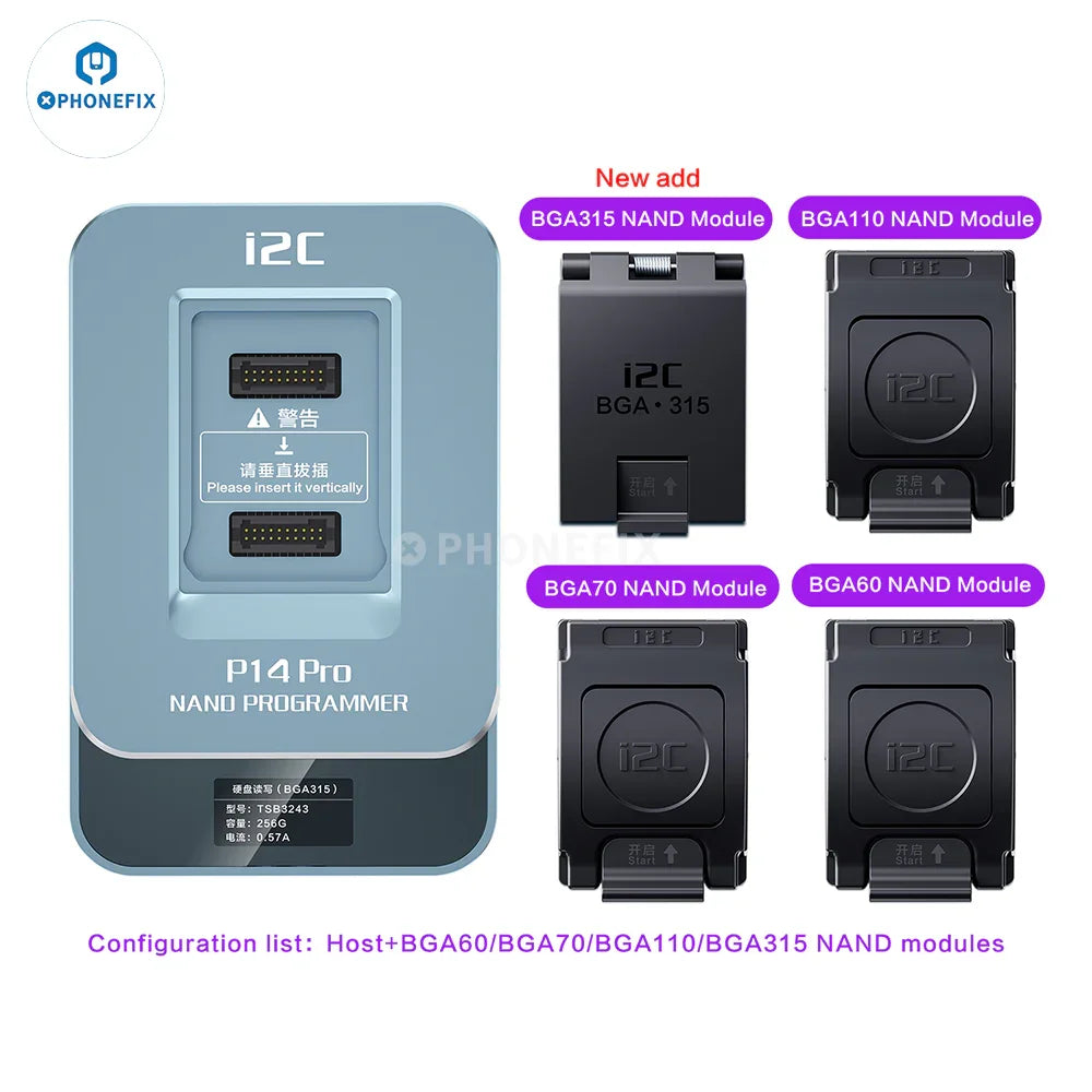I2C P14 Pro BGA110 BGA70 NAND programmer for iPhone 6S to 15 Pro Max, used for phone repair and data management.