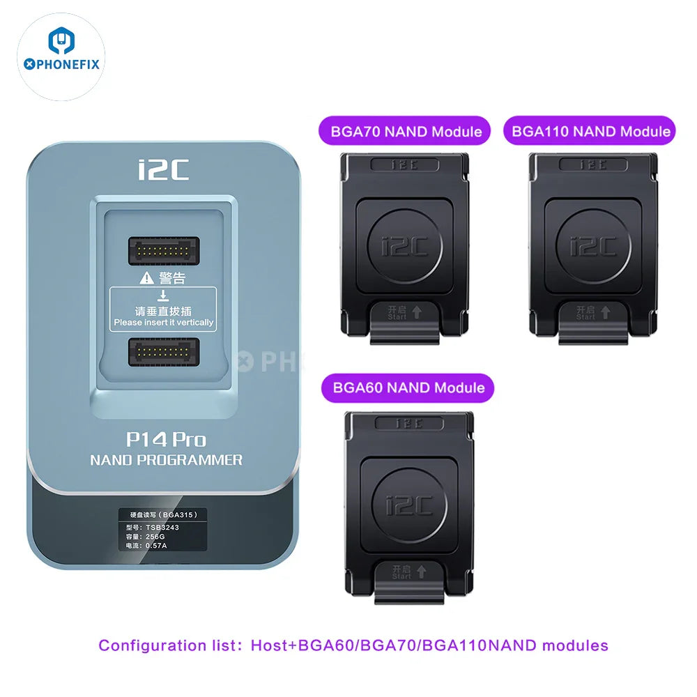 PhoneFIX I2C P14 Pro BGA110 BGA70 NAND programmer for iPhone 6S to 15 Pro Max, showing the device and connection ports.