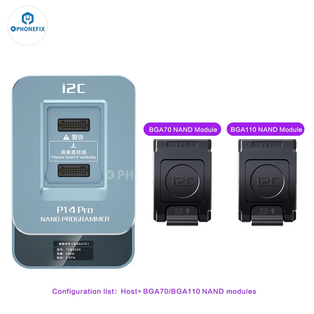 PhoneFix I2C P14 Pro BGA110 BGA70 NAND programmer for iPhone 6S to 15 Pro Max, with visible ports and connectors.