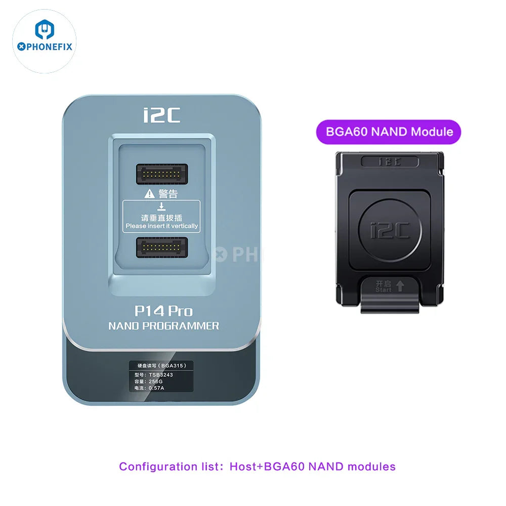 PHONEFIX I2C P14 Pro BGA110 BGA70 NAND programmer for iPhone 6S to 15 Pro Max, showing the compact device with ports and connectors