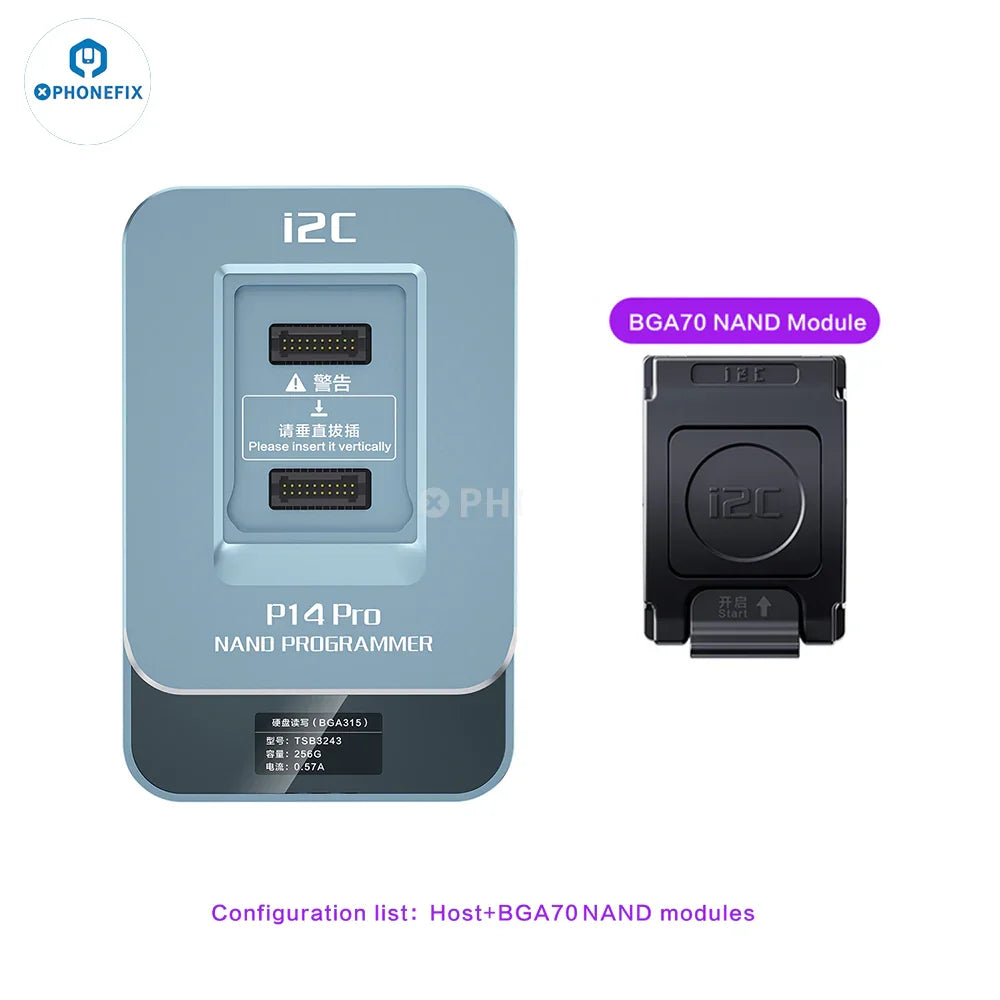 PhoneFIX I2C P14 Pro BGA110 BGA70 NAND programmer for iPhone 6S to 15 Pro Max, featuring multiple BGA socket options and compact design.