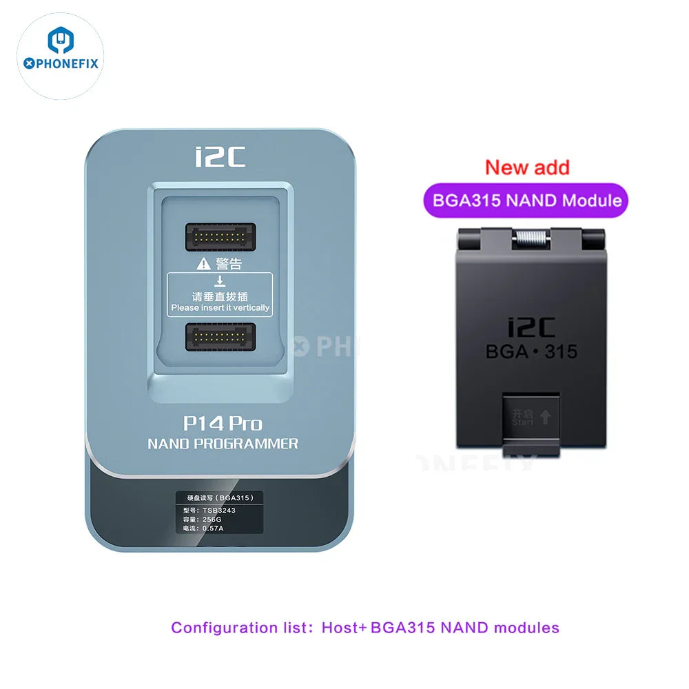 PHONEFIX I2C P14 Pro BGA110 BGA70 NAND programmer for iPhone 6S to 15 Pro Max, with visible circuit board and connection ports