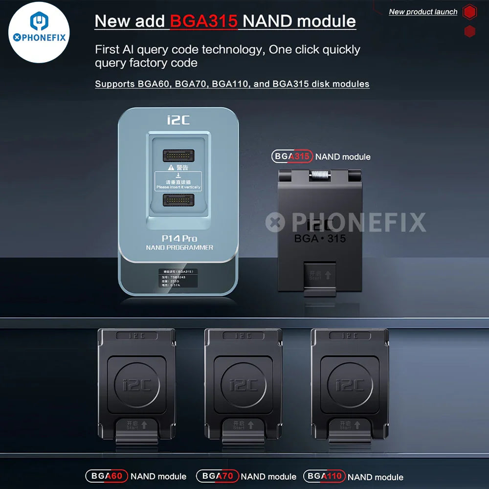 PhoneFIX I2C P14 Pro BGA110 BGA70 NAND programmer for iPhone 6S to 15 Pro Max, shown with device and tools for phone repair.