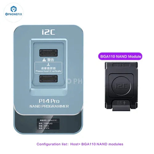 PhoneFIX I2C P14 Pro BGA110 BGA70 NAND programmer for iPhone 6S to 15 Pro Max, showing the device with ports and circuit board.
