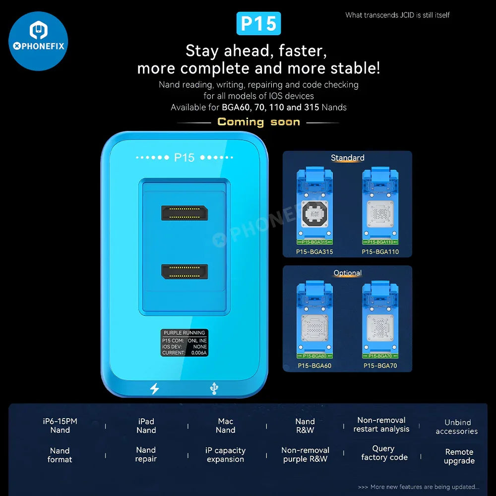 PHONEFIX JCID P15 Nand Programmer for iPhone 6-15 Pro Max, iPad, Mac, and HDD repair, featuring a compact, professional device.