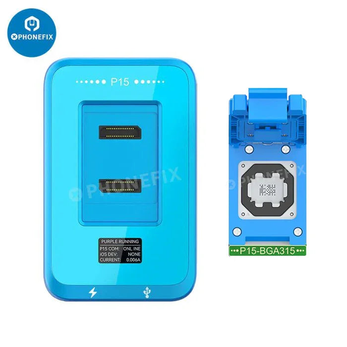 PHONEFIX JCID P15 Nand Programmer for iPhone 6-15 Pro Max, iPad, Mac HDD repair, shown with BGA315 chip on the device