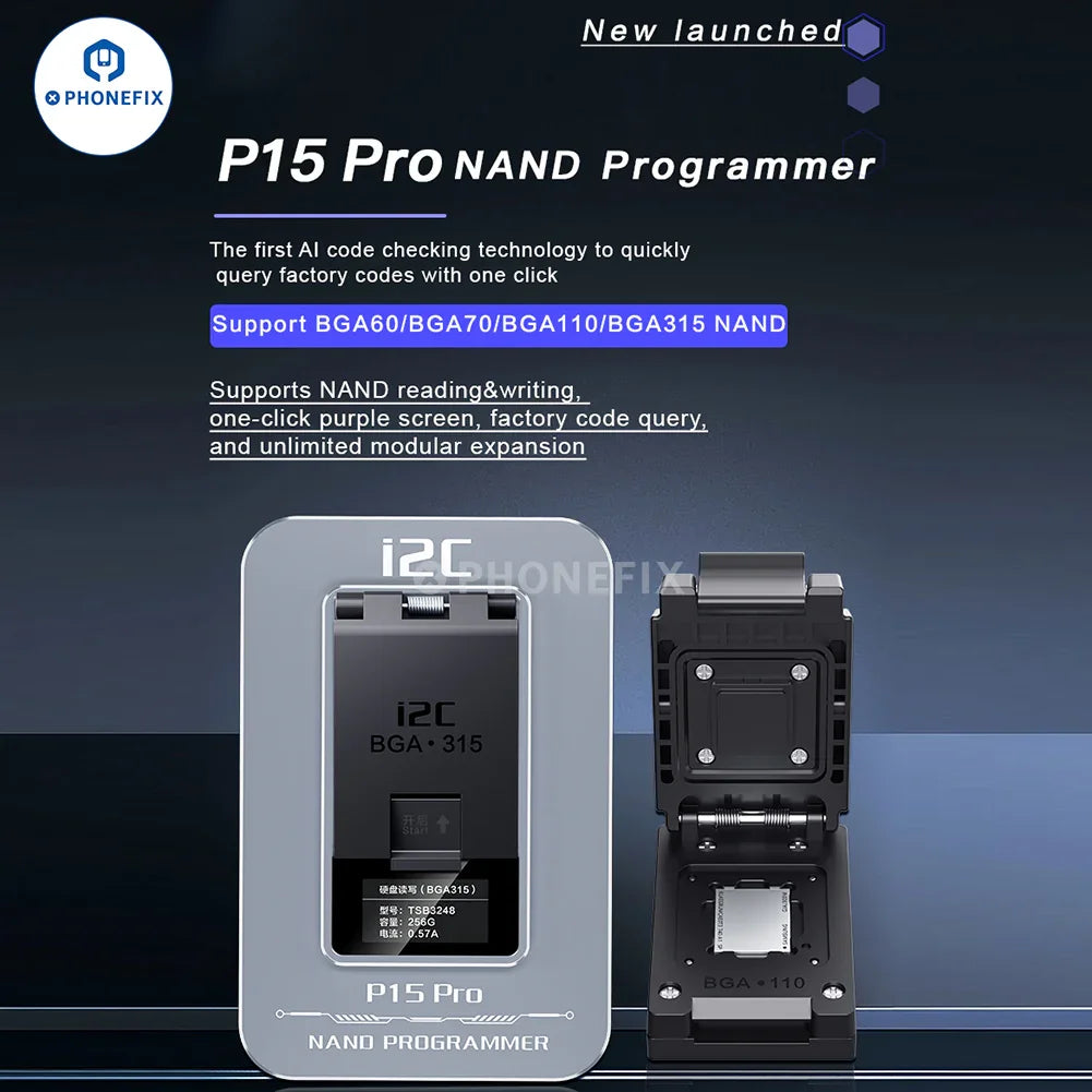i2C P15 Pro NAND programmer for iPhone 6-15 and iPad, designed for BGA110 and BGA315 chips, by PHONEFIX.