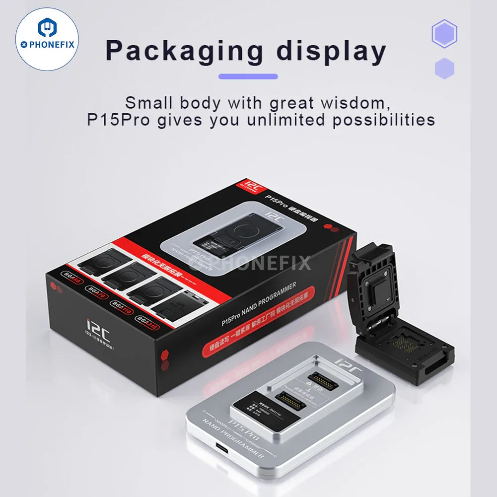 i2C P15 Pro NAND programmer for iPhone 6-15 and iPad BGA chips by PHONEFIX, showing the device with ports and controls.