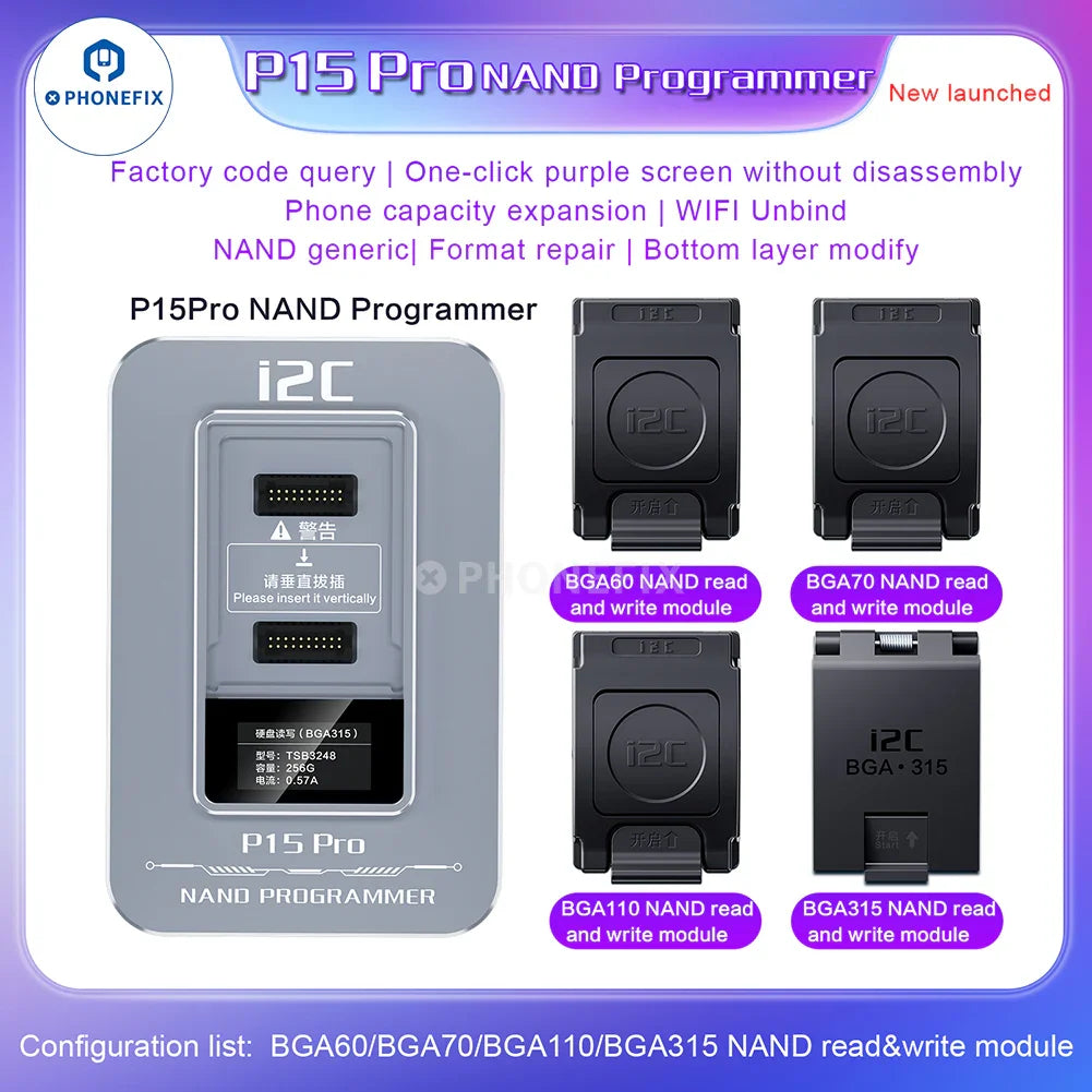 i2C P15 Pro NAND programmer for iPhone 6-15 and iPad BGA chips, by PHONEFIX, shown with device interface and programming ports.