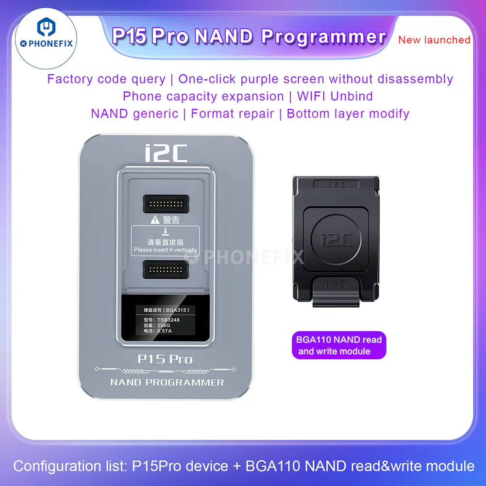 i2C P15 Pro NAND programmer for iPhone 6-15 and iPad BGA chips, used for phone repair and data recovery.