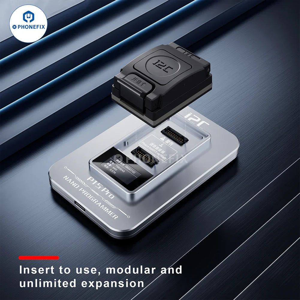 i2C P15 Pro NAND programmer for iPhone 6-15 and iPad BGA chips, made by PHONEFIX, with device and connection ports visible