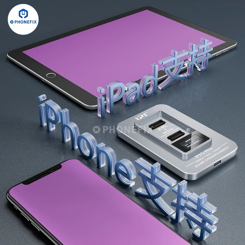 i2C P15 Pro NAND programmer for iPhone 6-15 and iPad, showing the PHONEFIX device with ports and circuit connections.