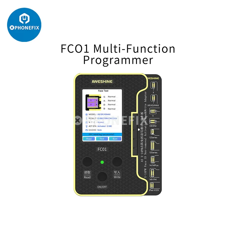 PHONEFIX FC01 Face ID Dot Matrix Battery Activation Programmer for iPhone, phone programmer device with packaging.