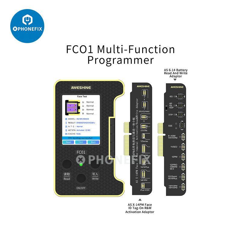 PhoneFIX FC01 Face ID Dot Matrix Battery Activation Programmer for iPhone, phone programmer device with packaging and components.