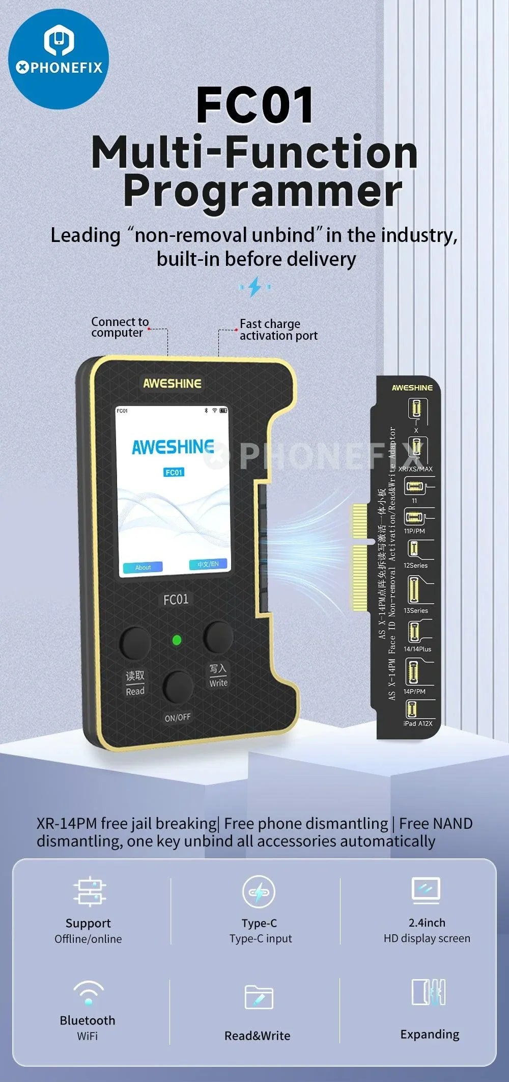 PHONEFIX FC01 Face ID Dot Matrix Battery Activation Programmer for iPhone, phone programmer tool with packaging visible.
