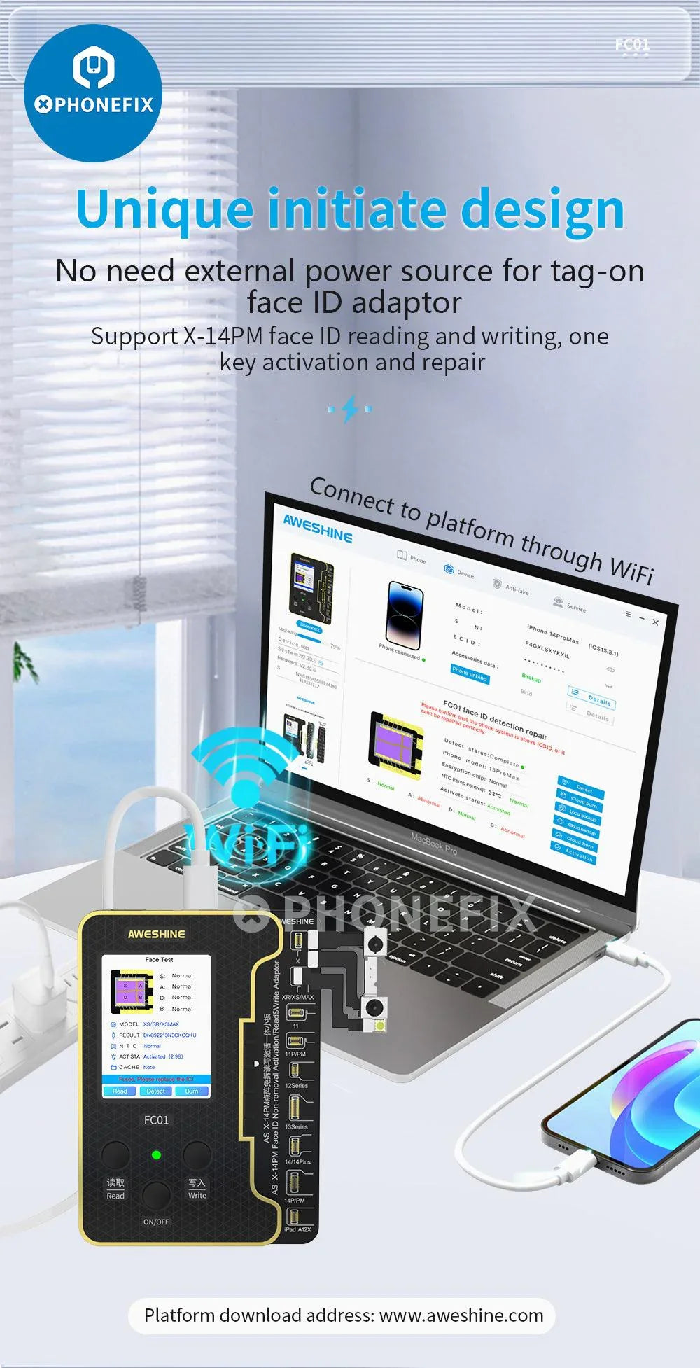 PHONEFIX FC01 Face ID Dot Matrix Battery Activation Programmer for iPhone, phone programmer device with packaging.