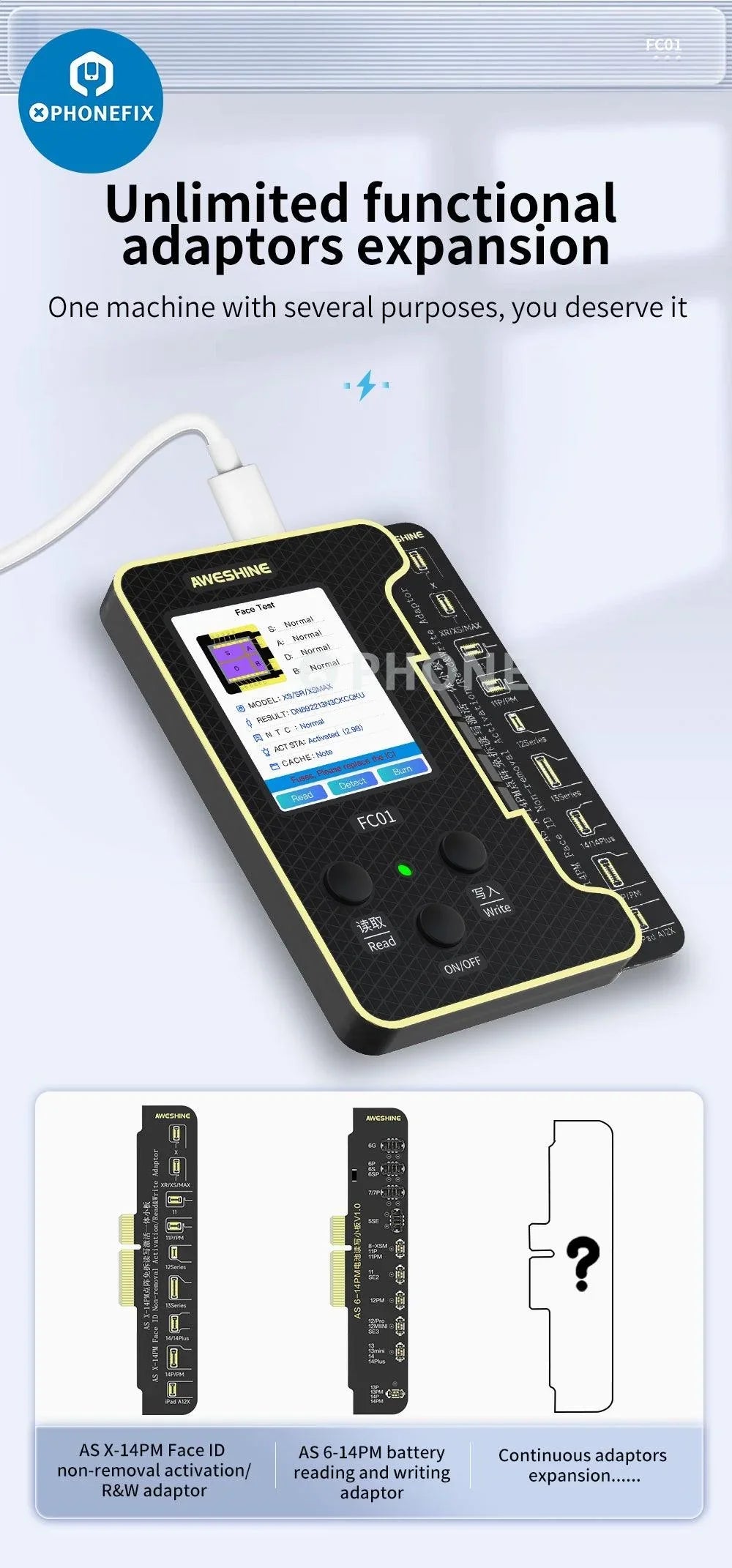 PHONEFIX FC01 Face ID Dot Matrix Battery Activation Programmer for iPhone, phone repair tool with packaging and accessories.