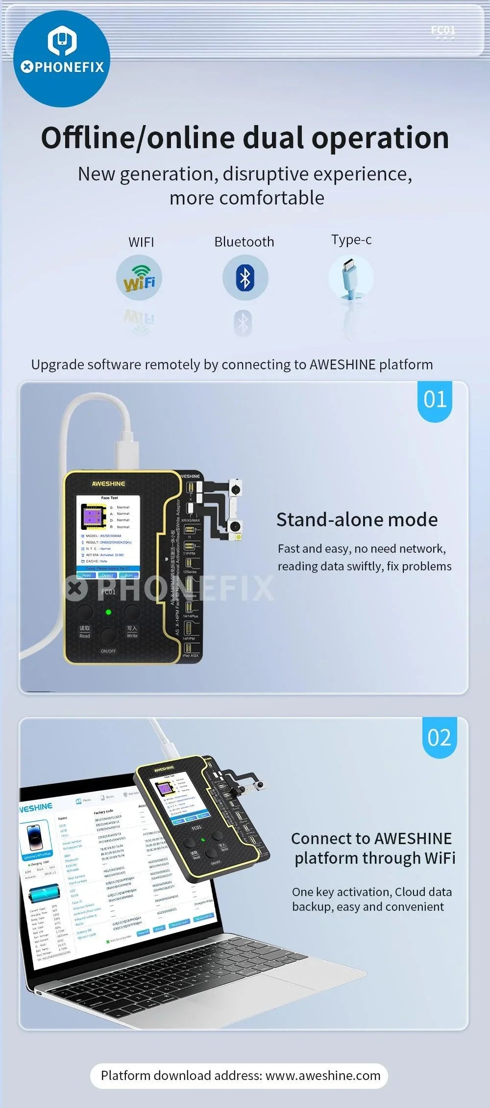 PHONEFIX FC01 Face ID Dot Matrix Battery Activation Programmer for iPhone, phone programming device for Face ID setup and activation.