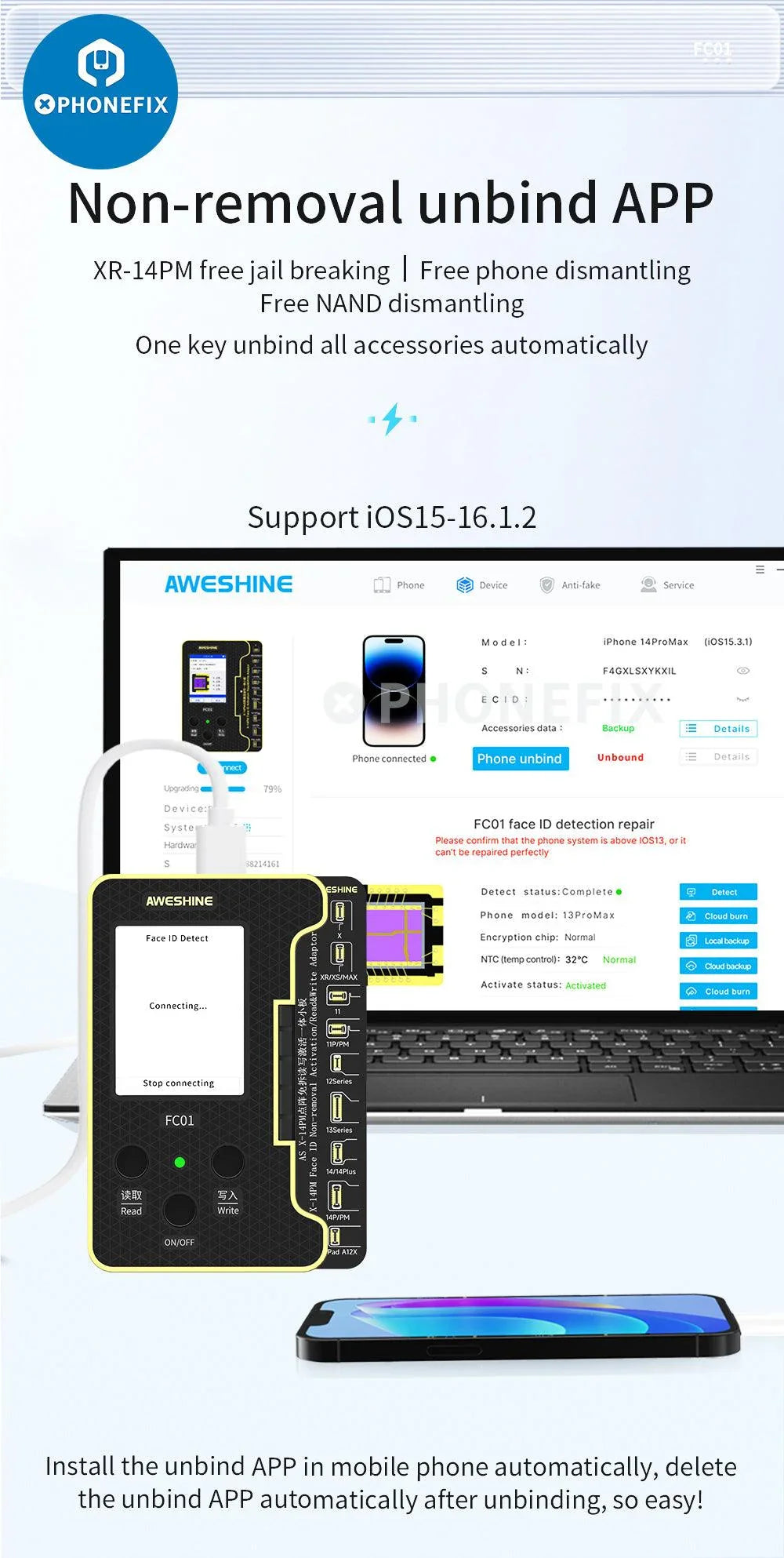 PHONEFIX FC01 Face ID Dot Matrix Battery Activation Programmer for iPhone, phone repair tool for Face ID and battery reset.