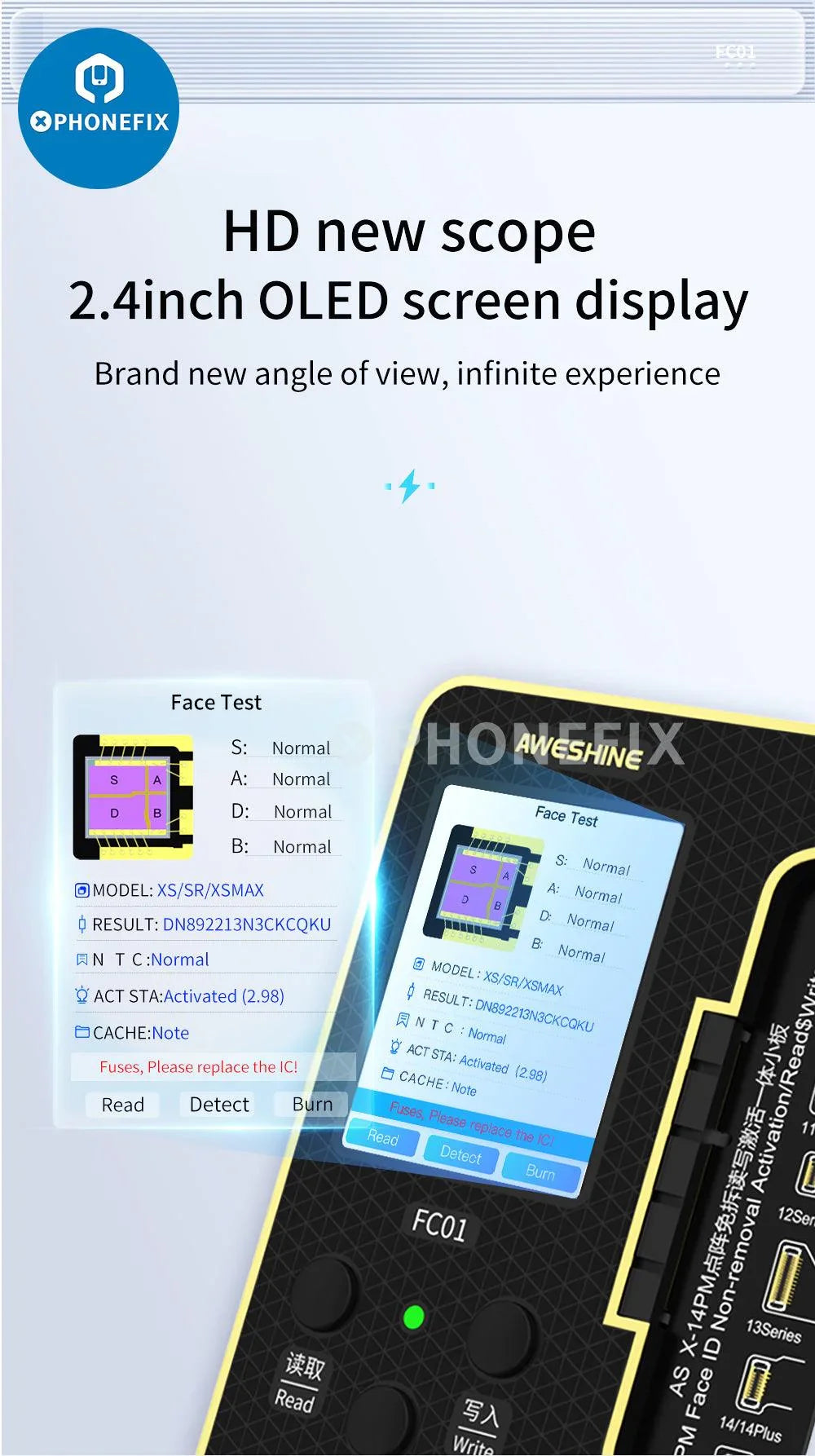 PhoneFix FC01 Face ID Dot Matrix Battery Activation Programmer for iPhone, phone repair tool for Face ID and battery setup.