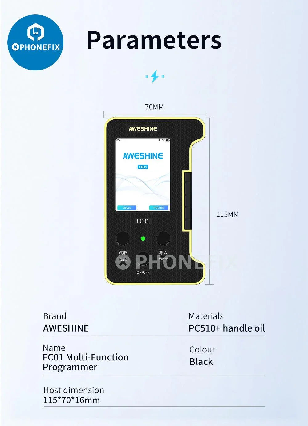PHONEFIX FC01 Face ID Dot Matrix Battery Activation Programmer for iPhone, phone repair tool for resetting Face ID settings.