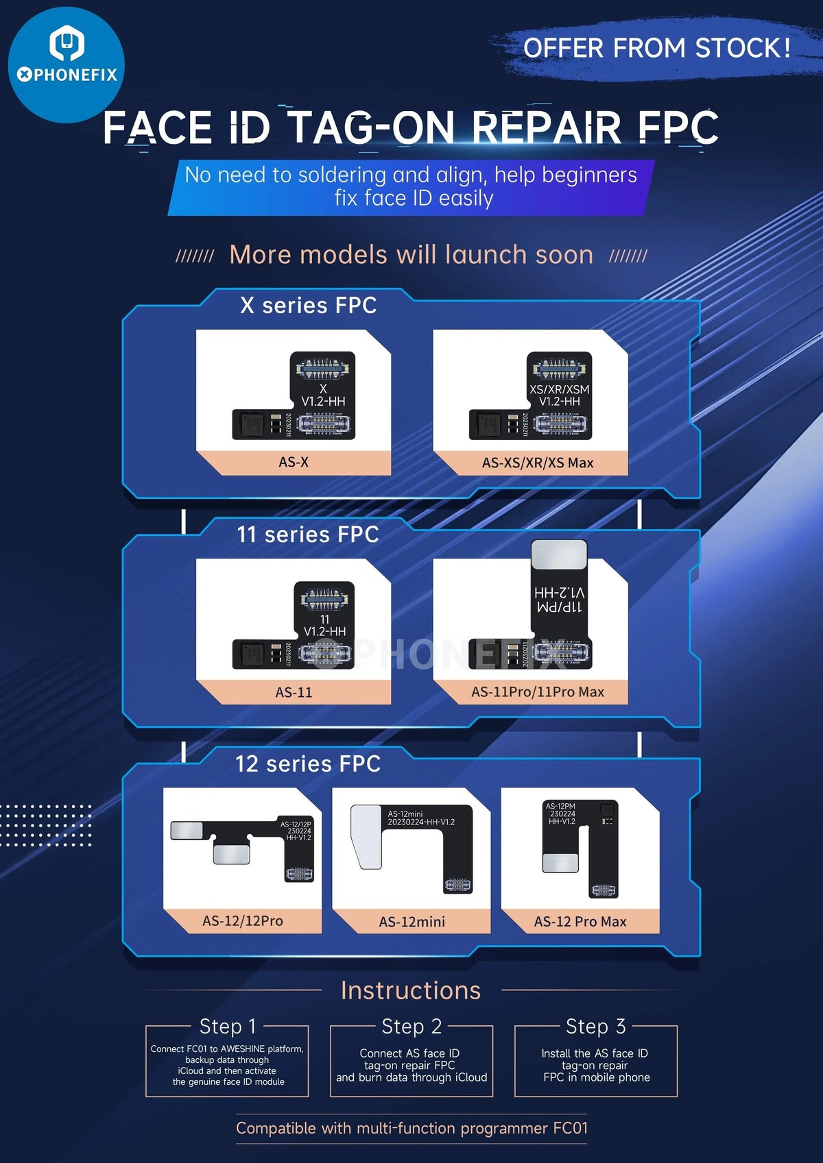 PHONEFIX FC01 Face ID Dot Matrix Battery Activation Programmer for iPhone, phone programmer device with packaging.