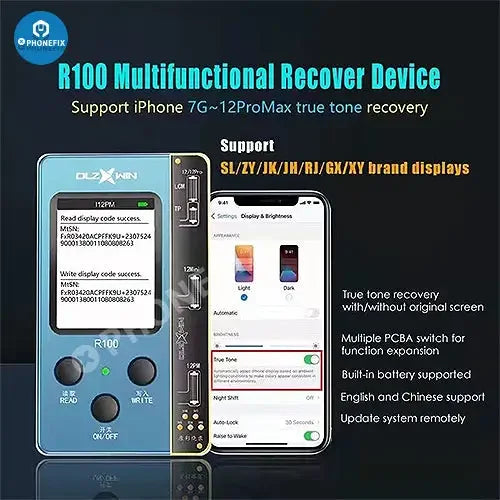 PhoneFix R200 multifunctional True Tone recovery tester for iPhone 8 to 14 Plus, showing device testing interface on screen