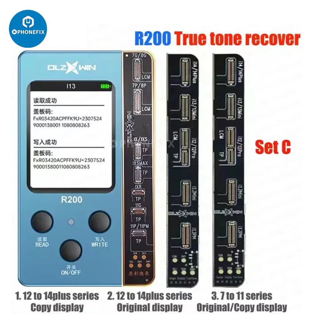 R200 multifunctional true tone recovery tester for iPhone 8-14 Plus, showing the device's screen and testing interface.
